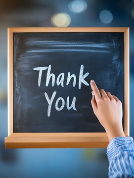 Thank you message written on a chalkboard with a hand pointing at the word you in a studio shot