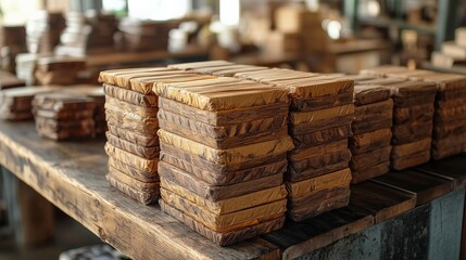 Stacks of wooden planks in a rustic workshop showcasing craftsmanship and natural textures