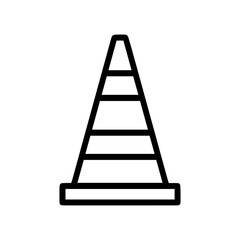 Traffic cone (outline style). A conical object with horizontal stripes symbolizes road work, construction zones, or traffic management. Represents temporary barriers, safety measures, or warnings