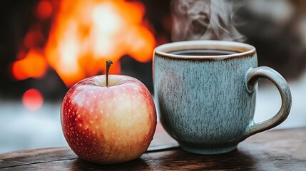 A cozy scene with an apple and a steaming mug near a fireplace creating a warm atmosphere indoors