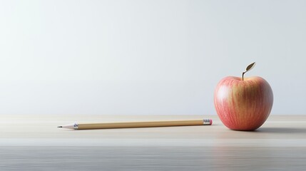 A simple still life of an apple and a pencil on a light surface against a white backdrop, clean and minimalist