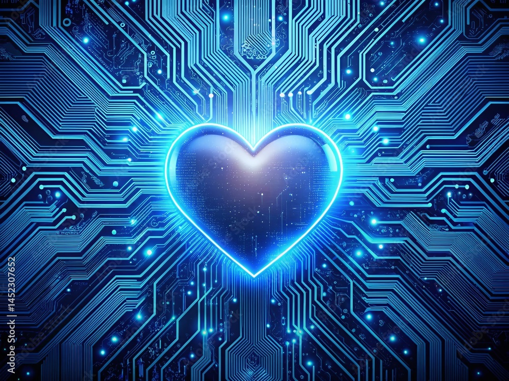 Poster futuristic blue heart cpu: generative ai microchip processor portrait