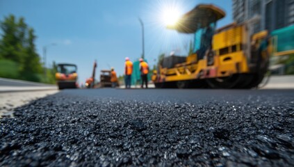 Laying Asphalt Road Paving with Heavy Machinery and Construction Crew Working on Street Improvement Project