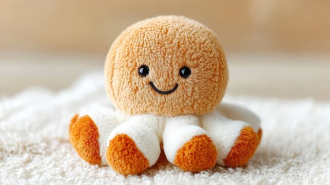 A cute plush octopus toy sits on a soft surface, creating a cozy and cheerful atmosphere. Ideal for children's rooms or as a delightful gift for any octopus lover.
