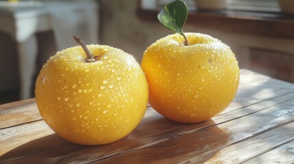 Fresh, dewy yellow apples resting on a wooden table with sunlight streaming through a window