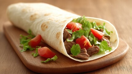 A delicious and fresh tortilla wrap filled with tender beef, vibrant tomatoes, and crisp lettuce, served on a wooden board. Perfect for a quick meal or a healthy snack.