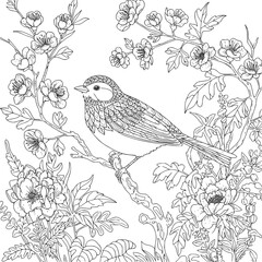 Bird and flowers illustration. Adult coloring page