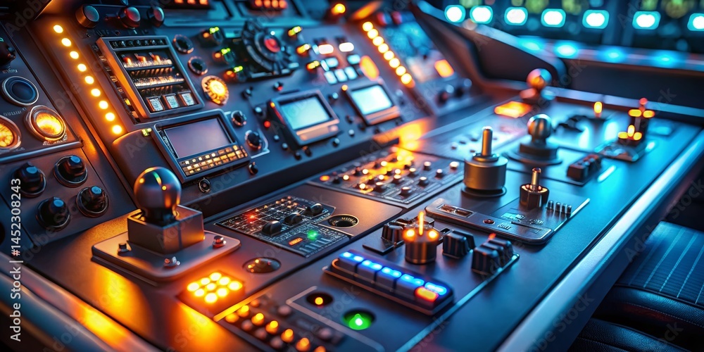 Poster futuristic control panel: illuminated buttons & advanced interface technology
