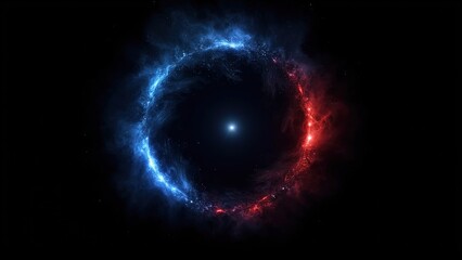 Fototapeta premium Abstract Red and Blue Glowing Ring Portal on Black Background with Smoke, Futuristic Science Fiction Scene, Cinematic Lighting, Hyper-Realistic Visuals for Creative Projects
