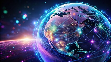 Obraz premium Futuristic Digital Earth Globe: Global Network & Data Connections at Night