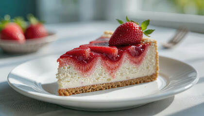 Artistic close-up of a strawberry cheesecake slice on a white plate, with soft daylight and a blurred background.