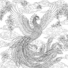 Bird and flowers illustration. Adult coloring page