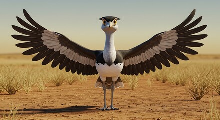 Fototapeta premium Cartoonish kori bustard with open wings in a savannah style environment