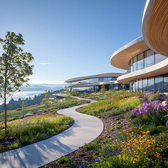 Modern building with hilltop garden path.