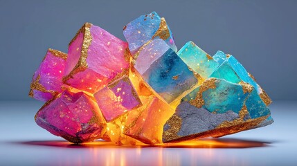 Luminescent Elements, an abstract display of glowing rare earth metals on a smooth matte white surface, showcasing the captivating beauty of scientific materials.