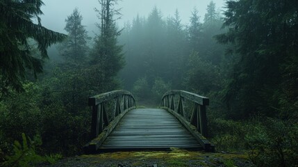 Fototapeta premium Misty forest bridge path; tranquil nature scene