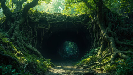 Enchanting forest tunnel lush greenery sunlight through roots leading to mystical pathway
