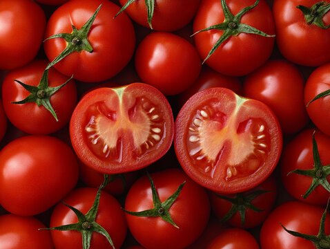 Juicy tomato cut in half showing seeds, detailed texture