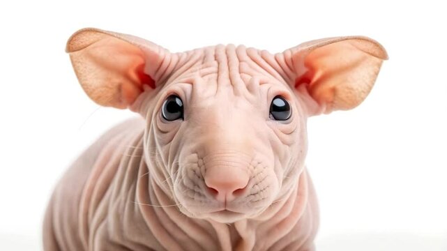 Cute skinny pig with pink skin and big ears sitting against white background