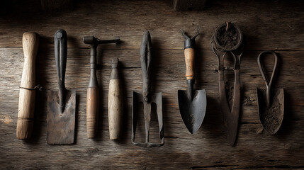 Vintage gardening tools on a wooden table, a timeless tribute to rustic simplicity and the art of cultivation