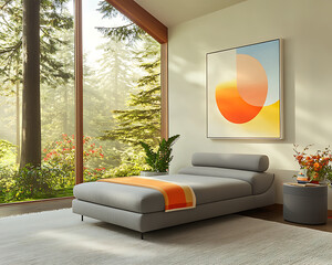 Modern chaise lounge in sunlit forest home