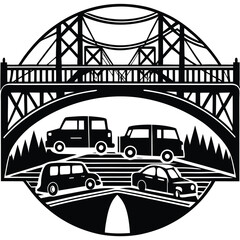 Black and White Graphic Art of Bridge with Cars Driving on Road Illustration