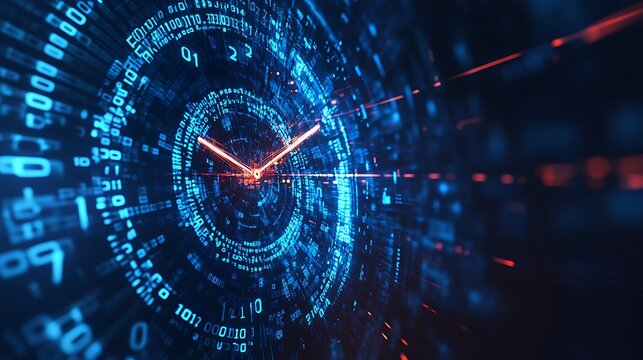 Innovative Tech Banner Design Featuring Binary Streams Blending into the Background and Analog Clock Illusion