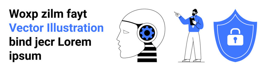 Abstract human head with gear, professional presenting data, blue shield with lock. Ideal for cybersecurity, AI innovation, technology dynamics, privacy, education, teamwork simple landing page