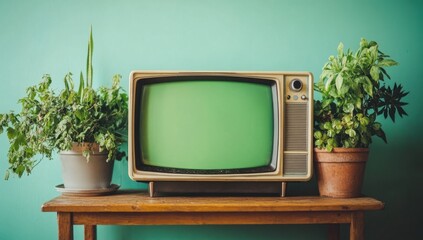 Display Aged TV with Green Screen on Table Surrounded by Potted Plants and Retro Decor Display
