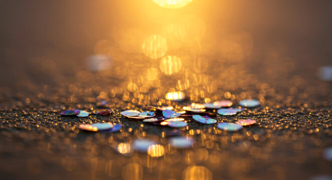 Sparkling Water Drops on Reflective Surface with Golden Sunlight Glow