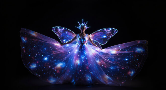 Digital Butterfly Wings with Neon Light Effects on Dark Background