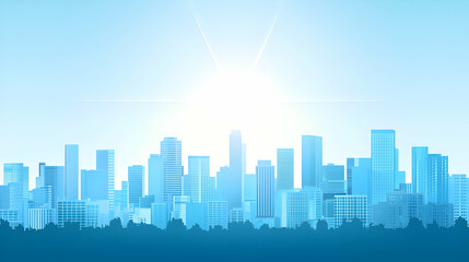 Fototapeta premium City skyline under a bright, light blue sky. Modern, stylized buildings in shades of blue. Soft light