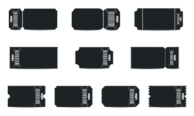 Set of black blank classic ticket templates with barcode. Isolated vector ticket on white background