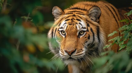 Fototapeta premium A Bengal tiger is stealthily moving through thick undergrowth in an Indian forest