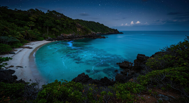 Bioluminescent waves glowing under full moon in tropical coastal landscape at night