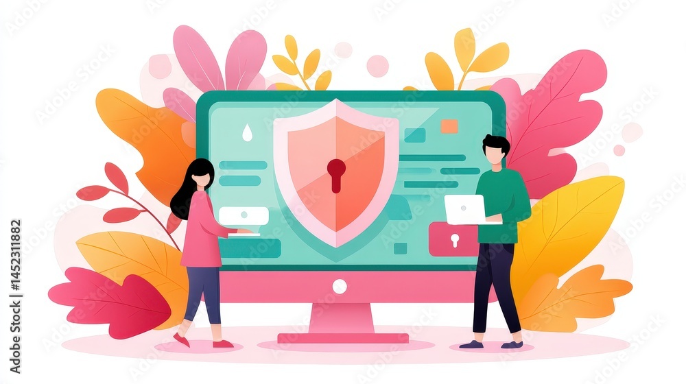 Poster two people stand beside a large computer screen displaying a shield with a lock, representing cybers