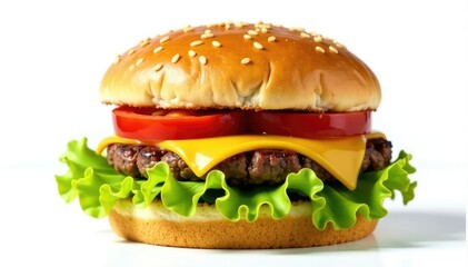 A burger, isolated on white, with lettuce and tomato , detail, closeup