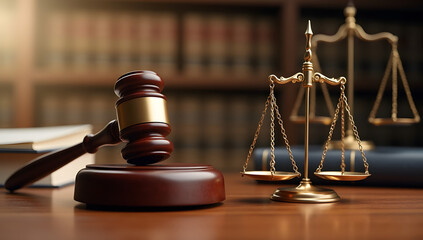 Judge's gavel resting on a wooden desk, symbolizing justice, law, and court decisions. Ideal for legal, judicial, or courtroom-themed visuals. AI generative