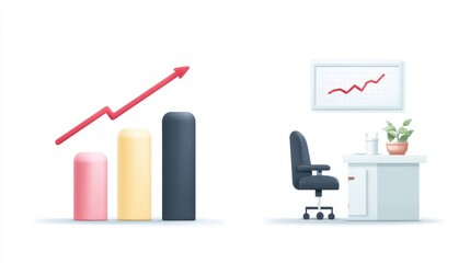 A modern workspace featuring a sleek desk, an ergonomic chair, and a bar chart illustrating growth trends, symbolizing productivity and success in the business environment.
