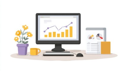 A modern workspace scene featuring a computer with a graph display, a document, a coffee mug, and a flowering plant, symbolizing productivity and organization in the business envir