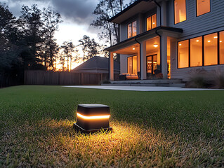 Modern home with sunset, and backyard lights.