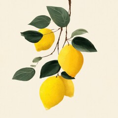 Lemon Branch Illustration - Fresh Yellow Citrus Fruit with Green Leaves on a Cream Background