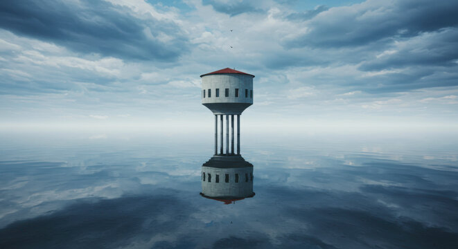 Reflection of Lighthouse Tower on Calm Water Under Dramatic Cloudy Sky
