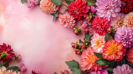 Romantic arrangement of vibrant dahlias on a soft pink background made with Generative AI technology