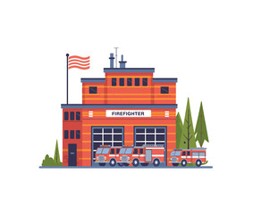 Firefighter department building with fire trucks. Fire station. 