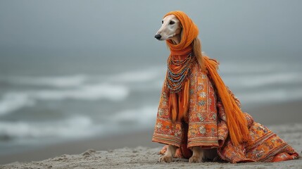Fototapeta premium Elegant Dog in Vibrant Orange Drapery on a Beach at Dusk