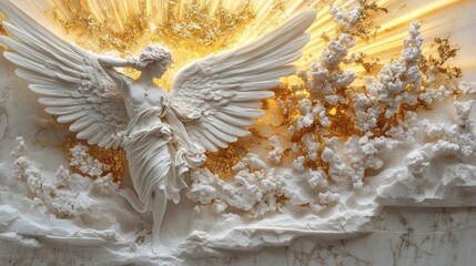Angelic Sculpture, Golden Light, Floral Background, Wall Decor