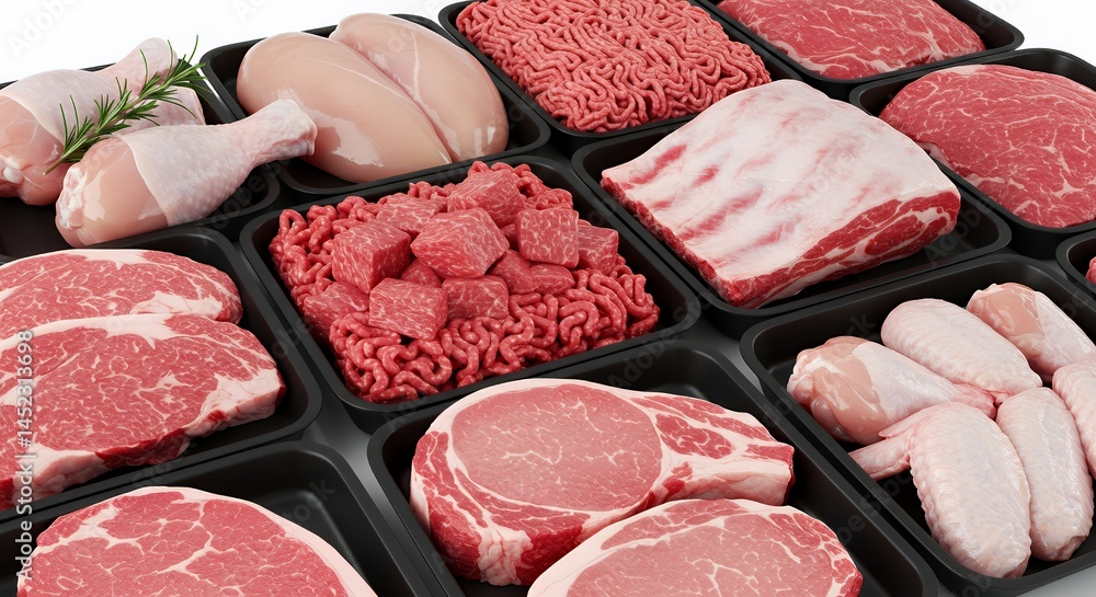 Poster hyperrealistic macro photograph of assorted raw meats featuring chicken beef and pork on black trays
