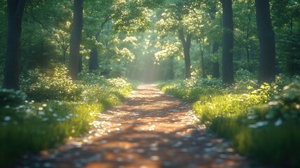 Obraz premium Sunlit Path Through a Lush Green Forest