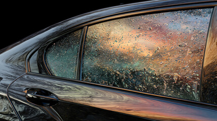 Fototapeta premium Black car window with rain drops wallpaper background automotive exterior vehicle auto transportation